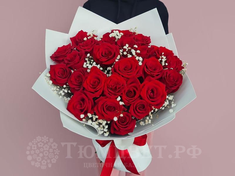 Букет из 25 красных роз с гипсофилой